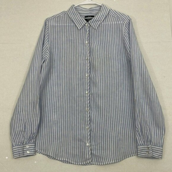 Jones New York Linen Top, Button Front, Blue and White Stripe, Large - Picture 1 of 11